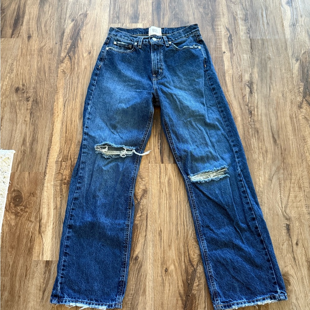 BDG Blue Straight Leg Jeans with Raw Hem